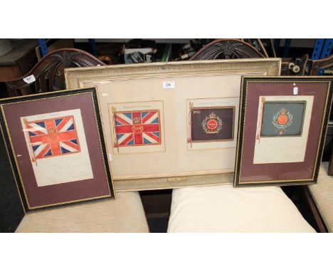 Three framed military regimental colours together with a gilt framed topographical print of Newcastle 