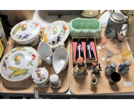 Two trays containing seven pieces of Royal Evesham dinner ware, Goebel figure together with one other, Art Deco glasses, boxe