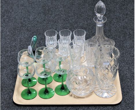 A tray containing assorted drinking glass, two lead crystal vases, lead crystal decanter, coloured glass bird ornament