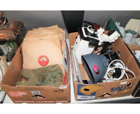 Two boxes containing vintage satchel, 78's, ME Opta Opemus 5, Leitz lamp etc