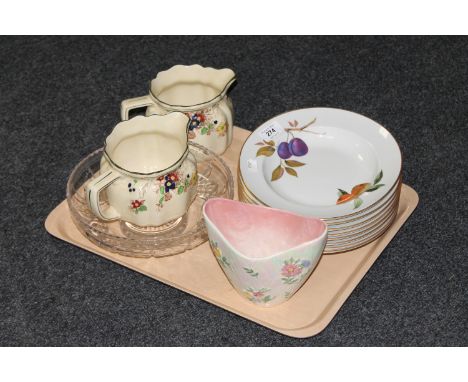 A tray containing Maling lustre vase, eight Royal Worcester Evesham bowls, pair of Royal Doulton Kew floral pattern jugs and 