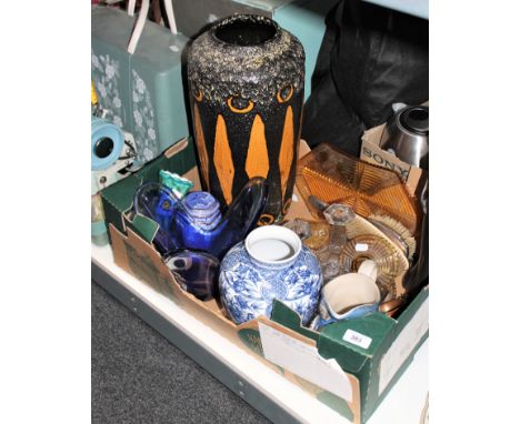 A box containing West German vase, contemporary figurine, glass trinket sets etc