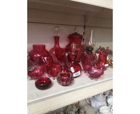 Collection of Victorian cranberry glassCondition: no damage to the oil lamp in this lot, chip to base on one of the smallest 