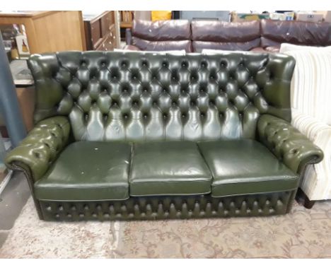 Green leather Chesterfield wing back sofa  