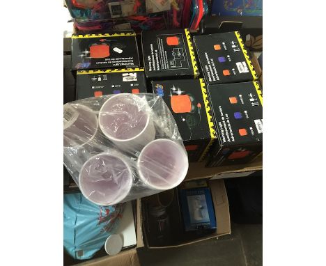 A box of assorted items including warning lights, plastic cups etc  