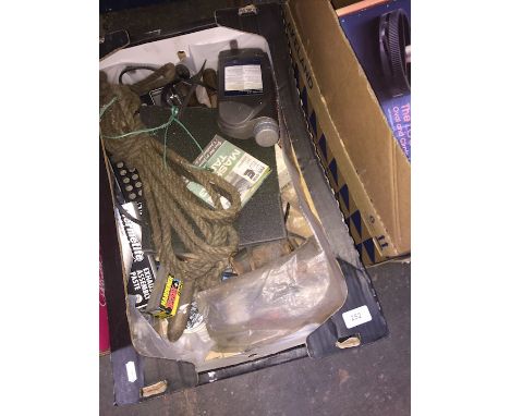 A box of various tools to include rope, etc  