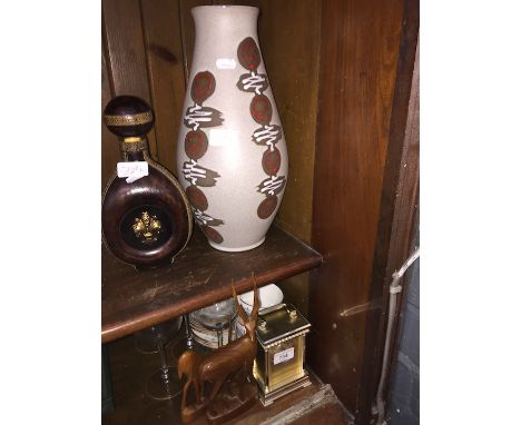 Vase, leather decanter, china, some glasses and a clock  