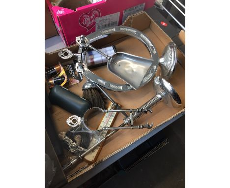 A box containing a fire tidy, thermometer, torch, etc  