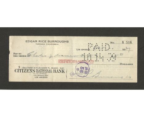 Tarzan author Edgar Rice Burrows signed cheque. Good Condition. All autographs are genuine hand signed and come with a Certif