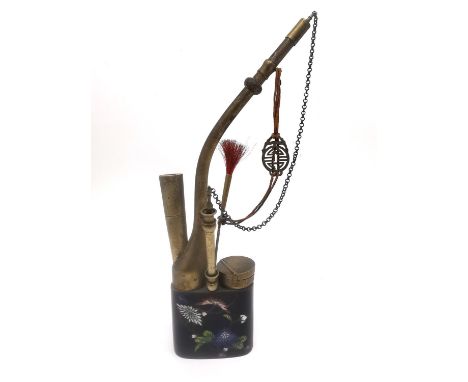 An early 20th century Chinese cloisonne enamel brass opium pipe. The enamelled body decorated with prunus blossom and stylise