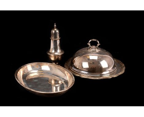 A collection of silver plated items, including serving dishes, flatware, a part antler handled carving set and more, one box 