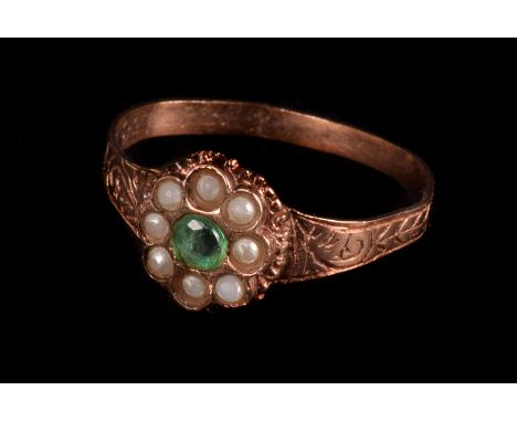 A 9ct gold emerald and seed pearl ring, in maroon leather box 1.2g approx. 