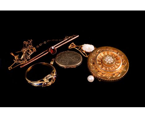A Victorian 15ct mourning brooch, together with a 10k pendant, a 9ct gold locket, a 9ct bar brooch, and a yellow metal ring w