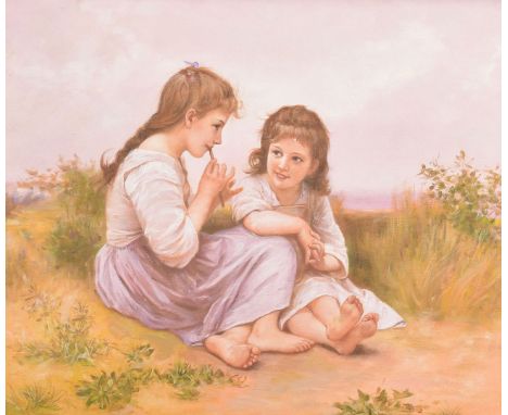 A contemorary oil on canvas, depicting two young girls sat in the grass with one playing a small woodwind instrument, approx 