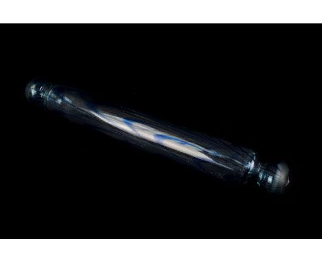 An Edwardian glass rolling pin, the hand blown cylinder with handles and blue inclusion trails, approx 39cm