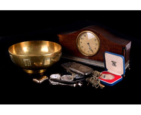 An assortment of various items, to include a silver cigarette case, a collection of coins, a vesta case, an open faced pocket
