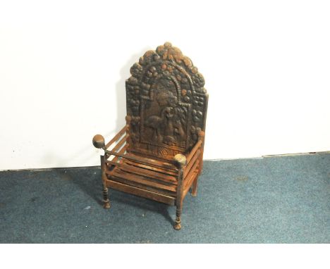 A Victorian cast iron fire grate, with basket and back having Aesops fables scene