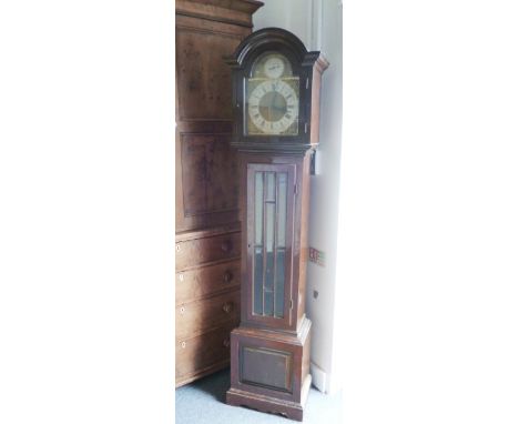 An early to mid-20th century longcase clock, with Westminster, Whittington, and St. Michaels chimes on rods 197.5cm H 