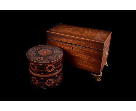 A Georgian tea caddy,  with later added gilt metal bracket feet, also a cylindrical box with pull off lid, a pair of Opera gl