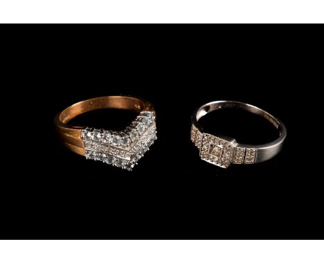 A 9ct gold and chip diamond chevron ring, together with a 9ct white gold Art Deco style diamond cluster 7.5g (2)