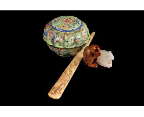 A pair of Chinese hard stone rams, a Chinese enamel bowl and cover, 1920s ivory paper knife, and other items (a parcel)the le