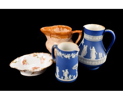 A Stoneware flagon and hot water bottle, together with a selection of wedgwood blue jasperware, stoneware, small ceramic anim
