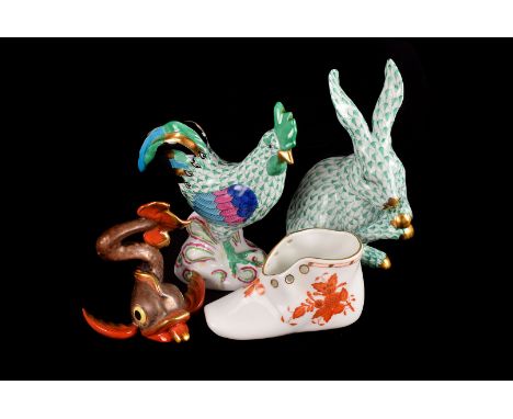 A Herend porcelain Cockerel , with green fish scale markings to neck and chest, blue, pink and turquoise wings, blue, green, 