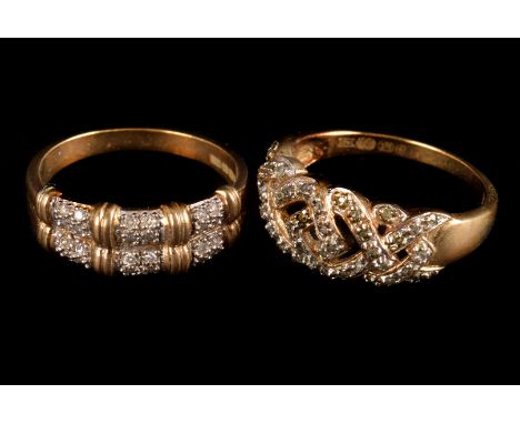A 9ct gold and chip diamond two band dress ring, together with a 9ct and chip diamond guilloche ring 6g