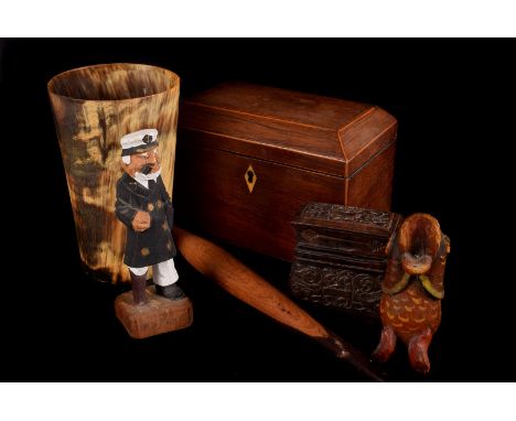 A selection of various items, to include a twin compartment tea caddy, a shoe stretcher, horm beakers, a candle holder and va