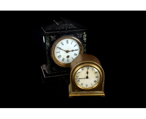 A small brass mantle clock, with 8 day movement, together with a small slate example, both with  black Roman numerals to face