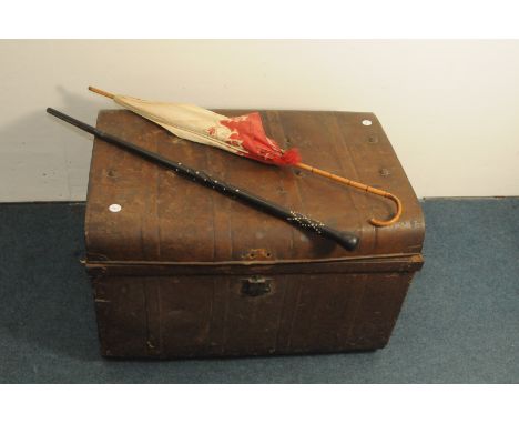 A vintage tin travel trunk, together with a bamboo handled parasol and an African walking cane (3)