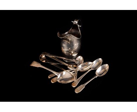 A collection of George III and later silver flatware, including sugar tongs, teaspoons, and a dessert spoon 7ozt., plus a whi