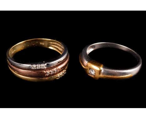 A three colour 9ct gold triple ring, set with chip diamonds, together with a two colour 9ct gold diamond solitaire 7g (2)