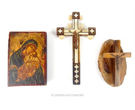 An eastern Orthadox icon on panel depicting Madonna and child, 12 x 8.5 x 2.5cm, together with an olivewood and mother of pea