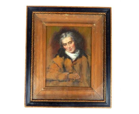 Oil on board, 19th century half length portrait of William Wilberforce, in a Hogarth frame, glazed, sight size: 24 x 18 cm.
