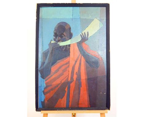Benjamin Offei - Nyarko 'BON' (Ghanaian b.1951), oil on board, 'The Hornblower', depicting a man in vibrant, red robes playin