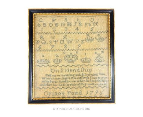George III Needlework Sampler, embroidered with the alphabet, numerical series, G R insignia and a poem On Friendship, signed