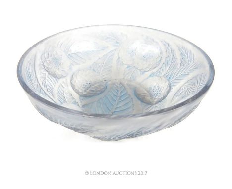 Rene Lalique; a frosted and opalescent glass fruit bowl in the Dahlia pattern, highlighted in pale blue, bearing raised 'R La