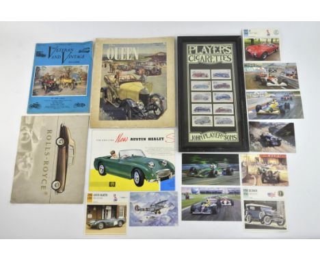 A collection of various motoring memorabilia including  Rolls Royce Silver Cloud sales brochure, Austin Healey sales brochure