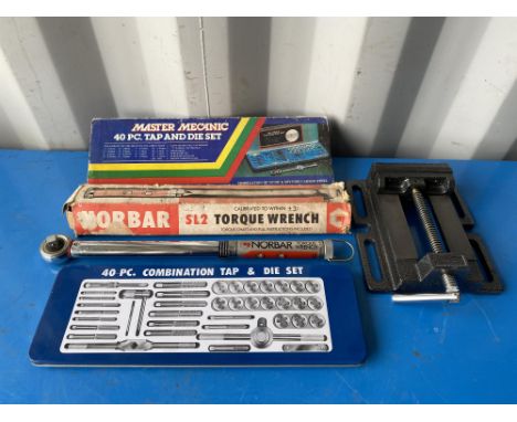 Master Mechanic 40pc Tap and Die set, Norbar SL2 Torque wrench and Drill vice 125mm jaw. All tools are sold as seen and untes