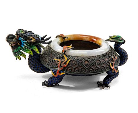 CHINESE JADEITE MOUNTED SILVER & ENAMEL 'LONGGUI' BRUSHWASHER, 20th Century, in the form of a mythical dragon-turtle, base st