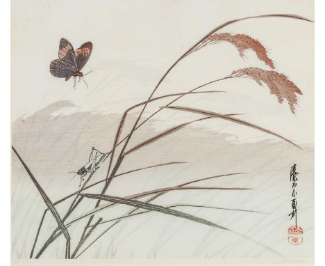 YOSHIRO URUSHIBARA (1889-1953) woodblock print - Grasshopper and butterfly on wind-blown rice plants, signed and numbered No.
