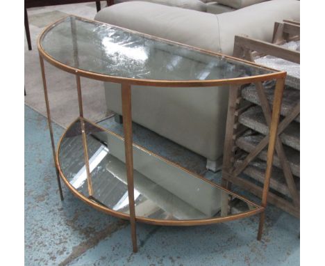 DEMI-LUNE CONSOLE TABLE, with glass top and shelf below on a gilt metal frame, 126cm x 43cm x 75cm H.