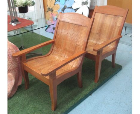 PLANTER CHAIRS, a pair, in Indonesian hardwood and bamboo seat with back, 86cm W. (2)