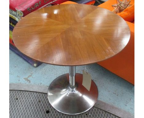 CAFE TABLE, circular quartered cut teak and graduated turned aluminium column, 79cm diam. x 73cm H.