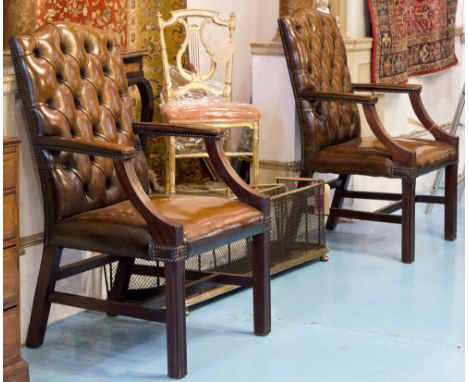 GAINSBOROUGH ARMCHAIRS, a pair, George III mahogany each with button upholstery in hand finished tan leather, 61cm W. (2)