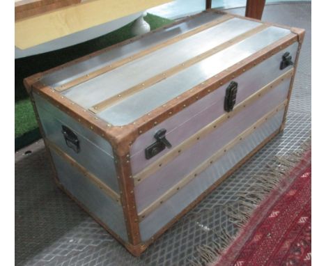 TRUNK, Aviation style aluminium with wooden batons, 102cm L x 50cm D x 50cm H.