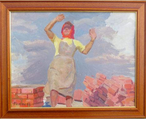SERGEI GATINE (1923-2001, Russian), sketch to the painting 'The Construction site', 1960, oil on boardm 47cm x 63cm, framed.