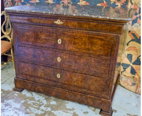 COMMODE, 19th century Louis Philippe burr walnut having five long drawers and St Anne's grey variegated marble top, 131cm x 9