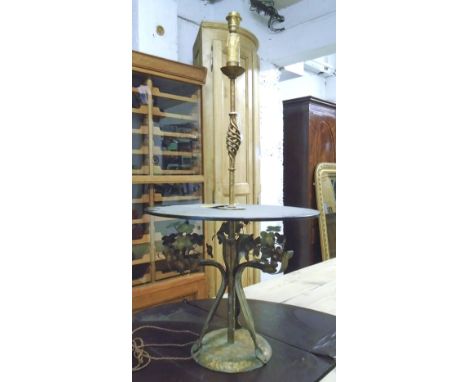 STANDARD LAMP, 20th century with smoked glass integral table, gilt wrought metal column and supports, 118cm H max x 60cm D.